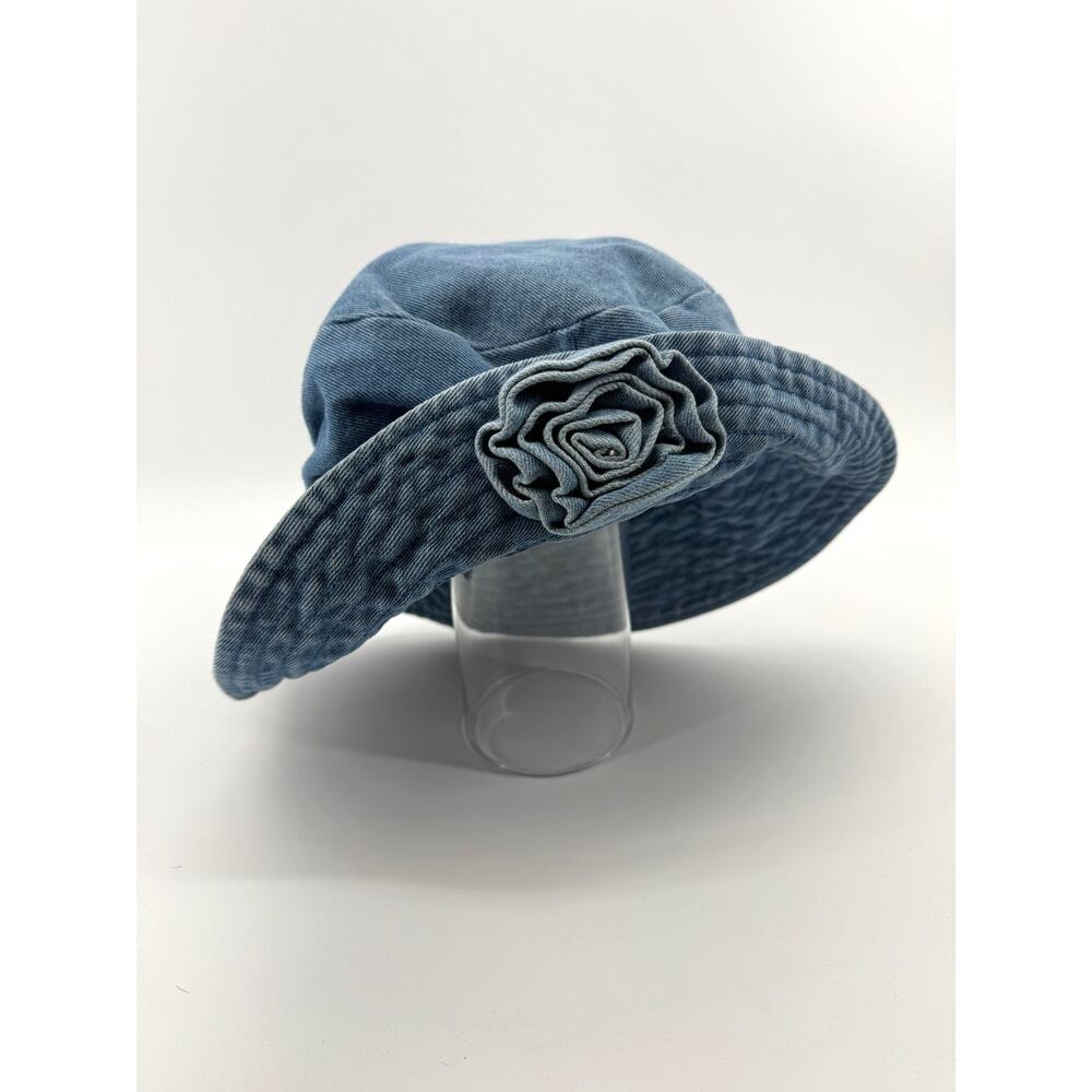Denim Bucket Hat Cotton Sun Hat Boho Cottagecore Floral Accent Blossom OSFA